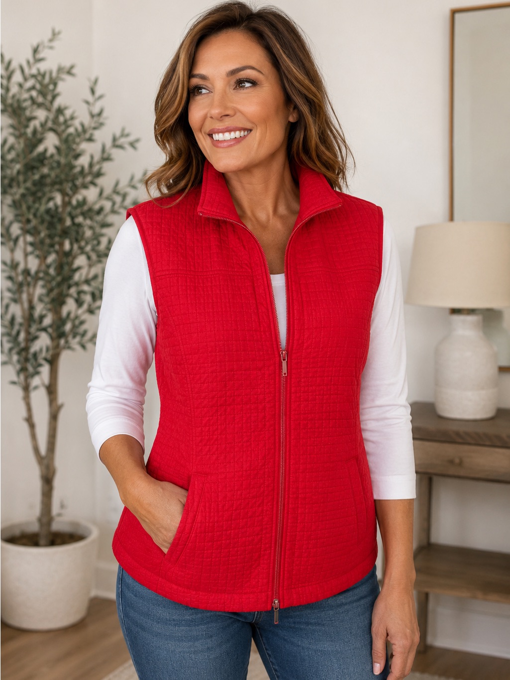 Chico's Red Quilted Zip-Front Vest Size 1 Medium